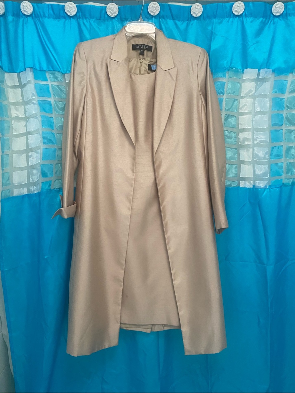 Kasper Women's Long Open Front Coat in Taupe and dress